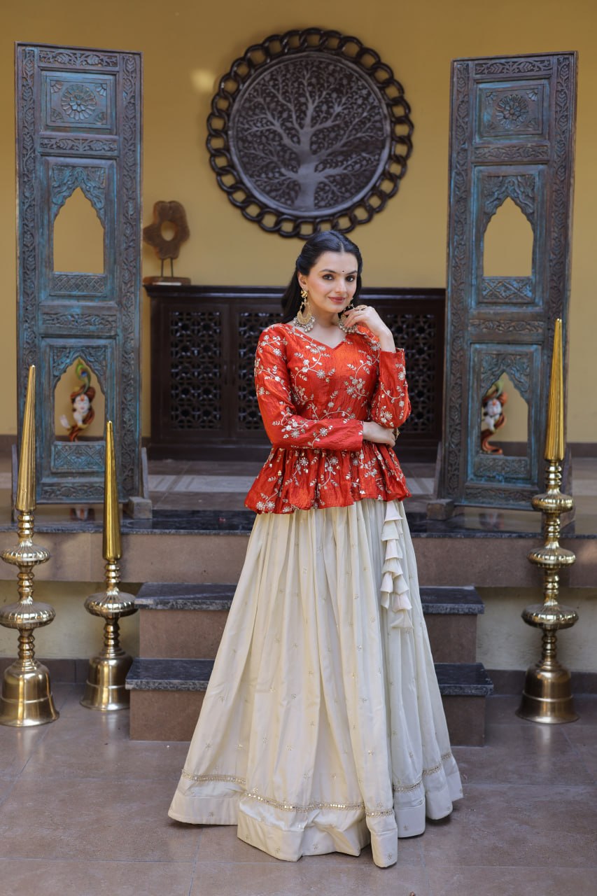 Ananya Cosmos Butti With Orange fanta YSL Silk Sequins Embroidered Co-ord Set Lehenaga Choli