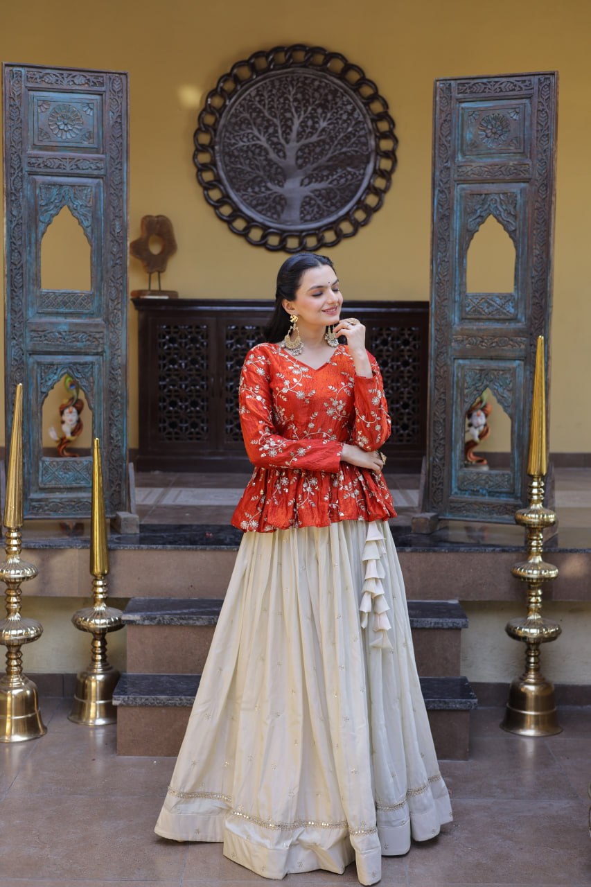 Ananya Cosmos Butti With Orange fanta YSL Silk Sequins Embroidered Co-ord Set Lehenaga Choli