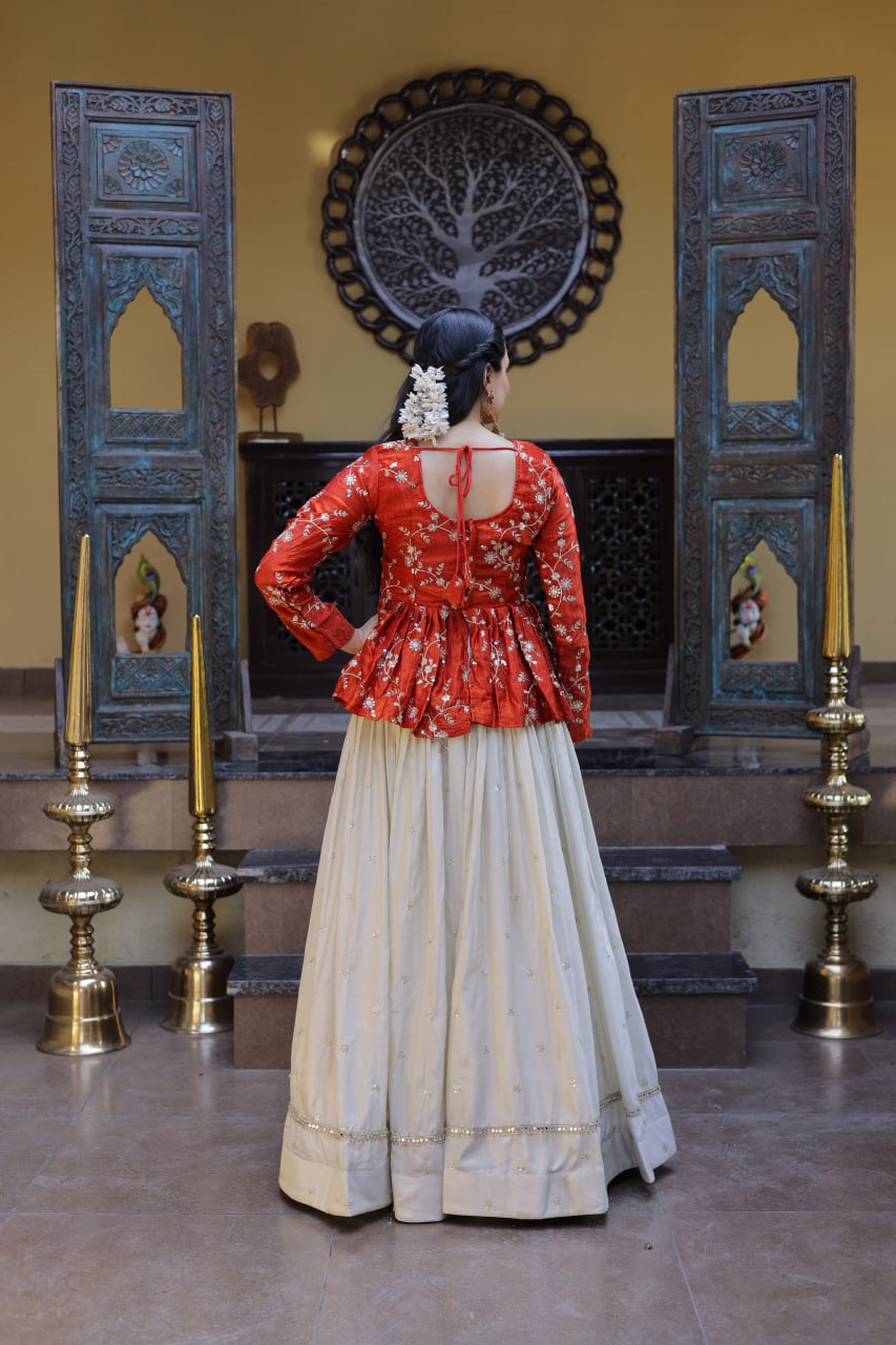 Ananya Cosmos Butti With Orange fanta YSL Silk Sequins Embroidered Co-ord Set Lehenaga Choli