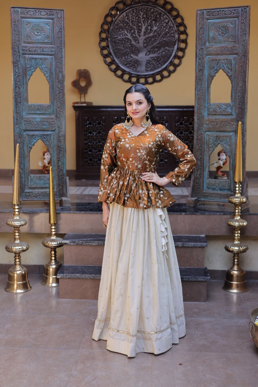 Ananya Cosmos Butti With Mustard Gold YSL Silk Sequins Embroidered Co-ord Set Lehenaga Choli