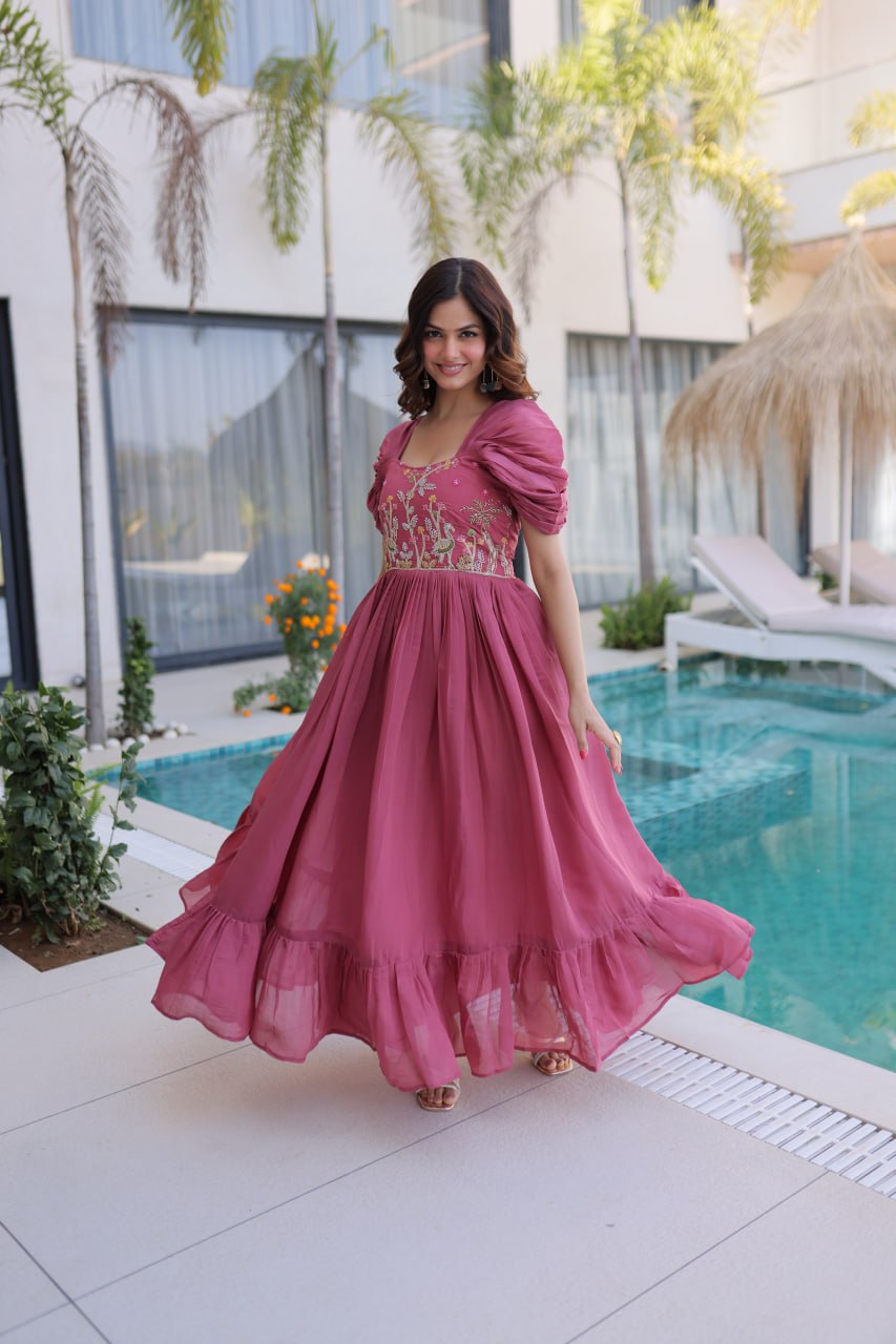 Anupama Mul Chanderi Beads Embroidered Gown Set