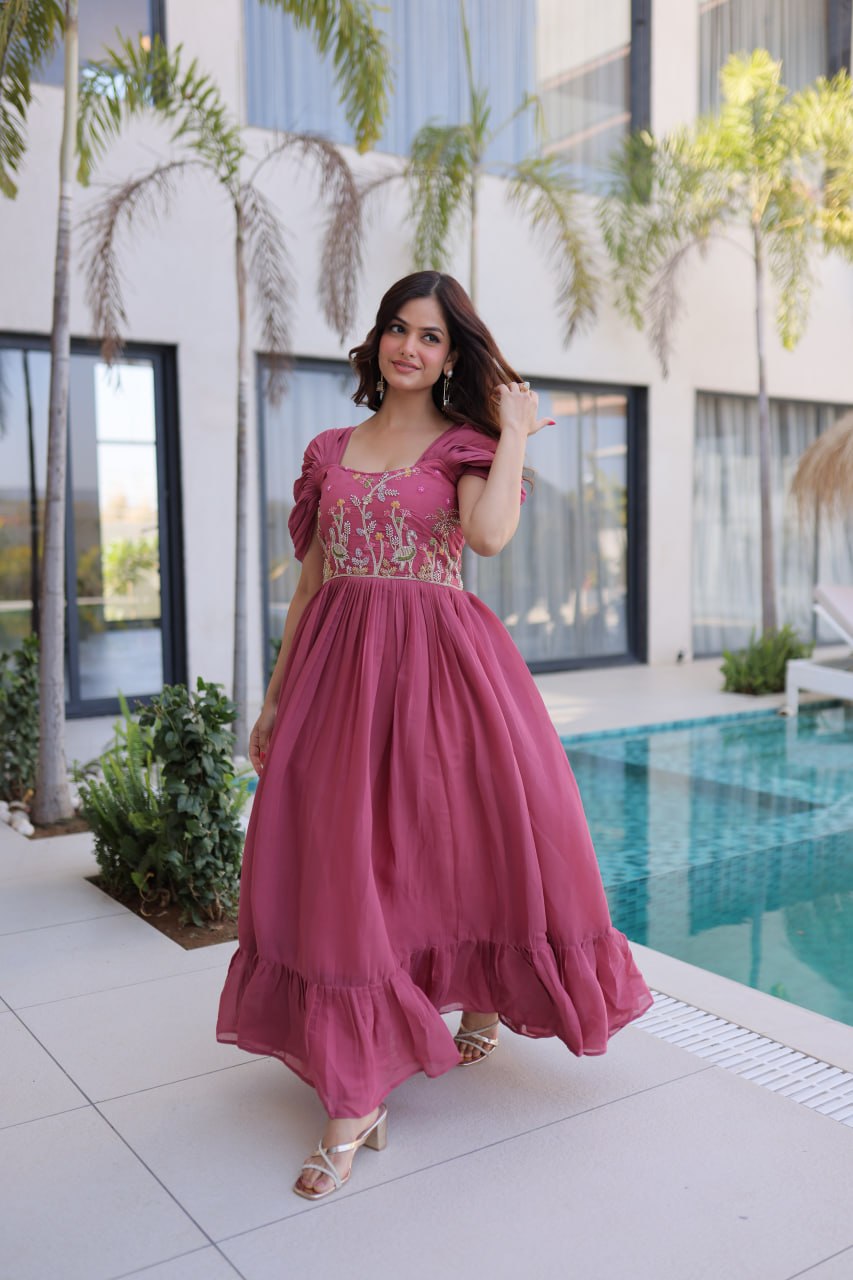 Anupama Mul Chanderi Beads Embroidered Gown Set