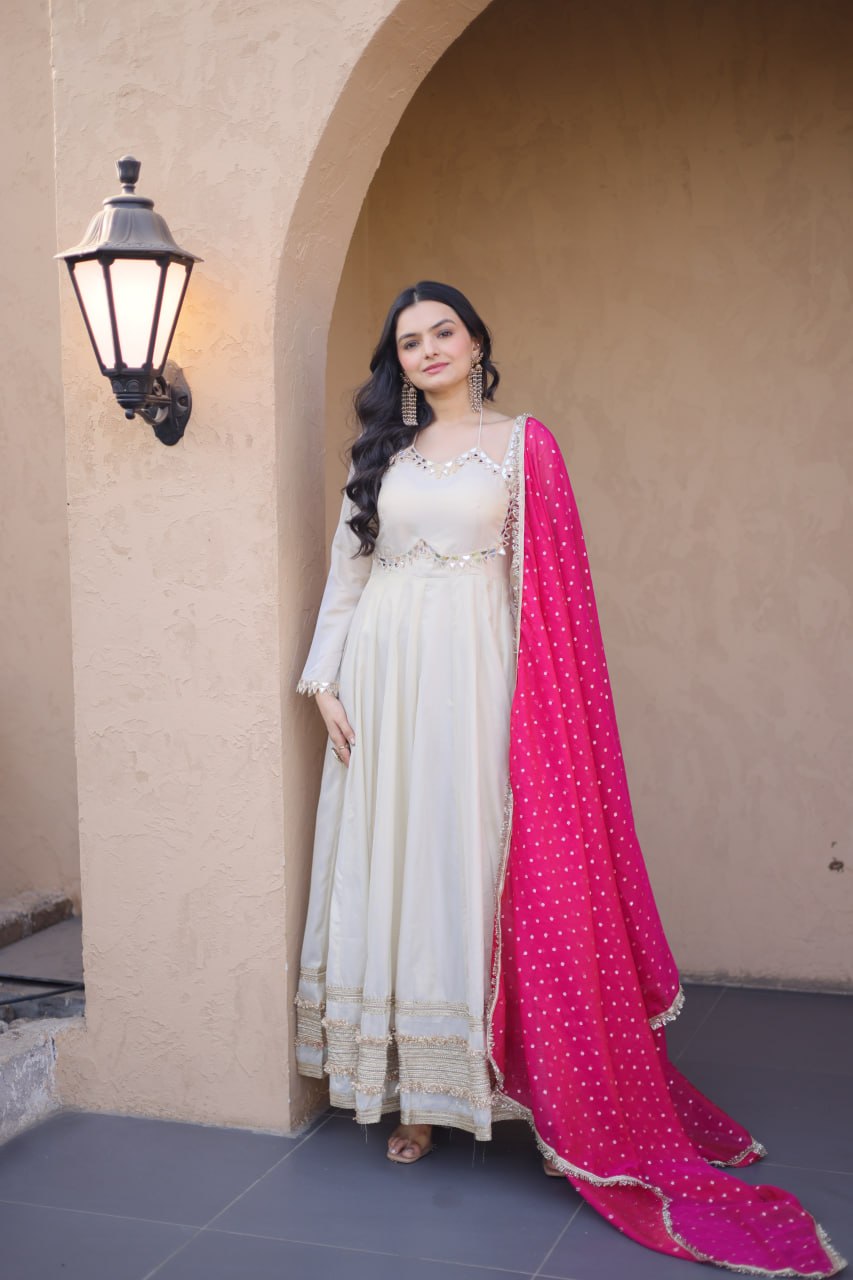 Komalika Cosmos Mirror Work Lace with Bandhani Moss zari Butti Gown Dupatta Set