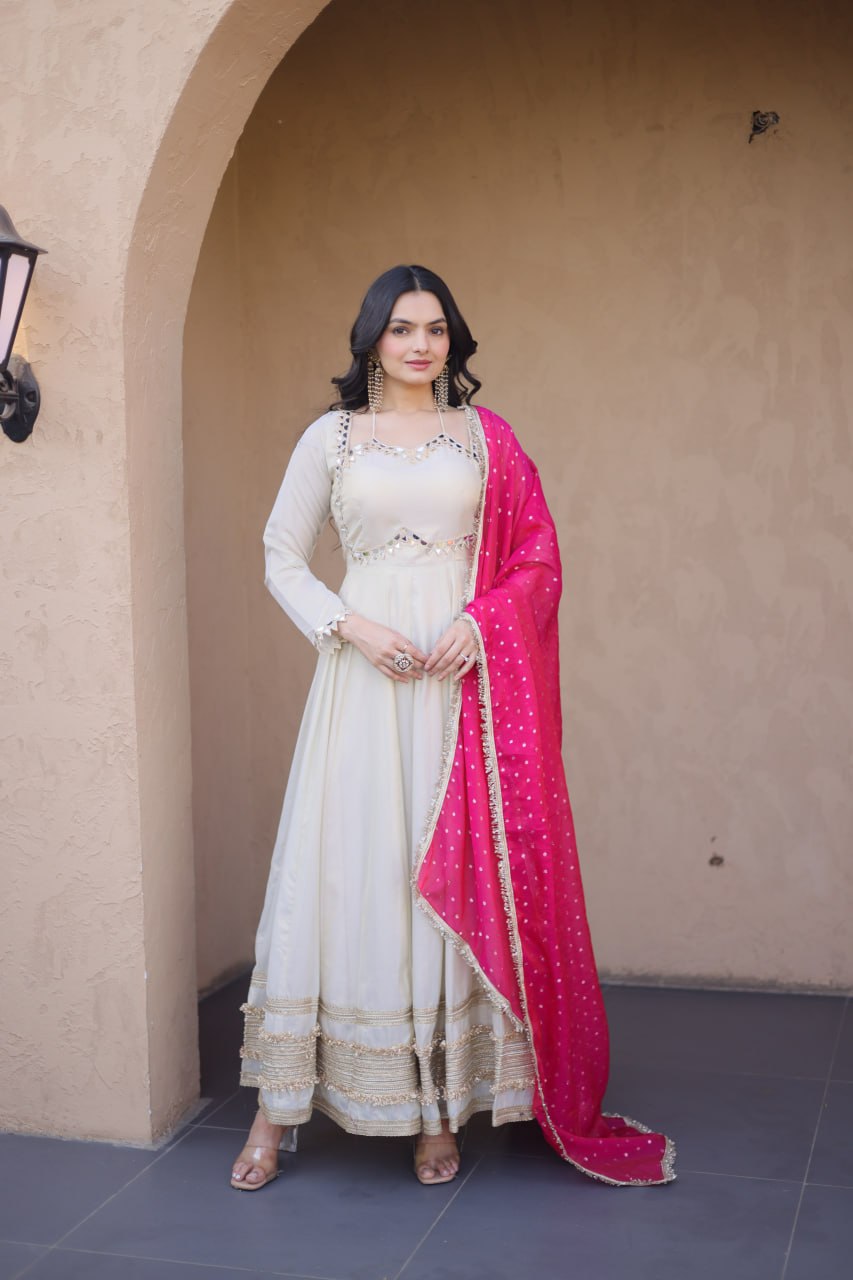 Komalika Cosmos Mirror Work Lace with Bandhani Moss zari Butti Gown Dupatta Set