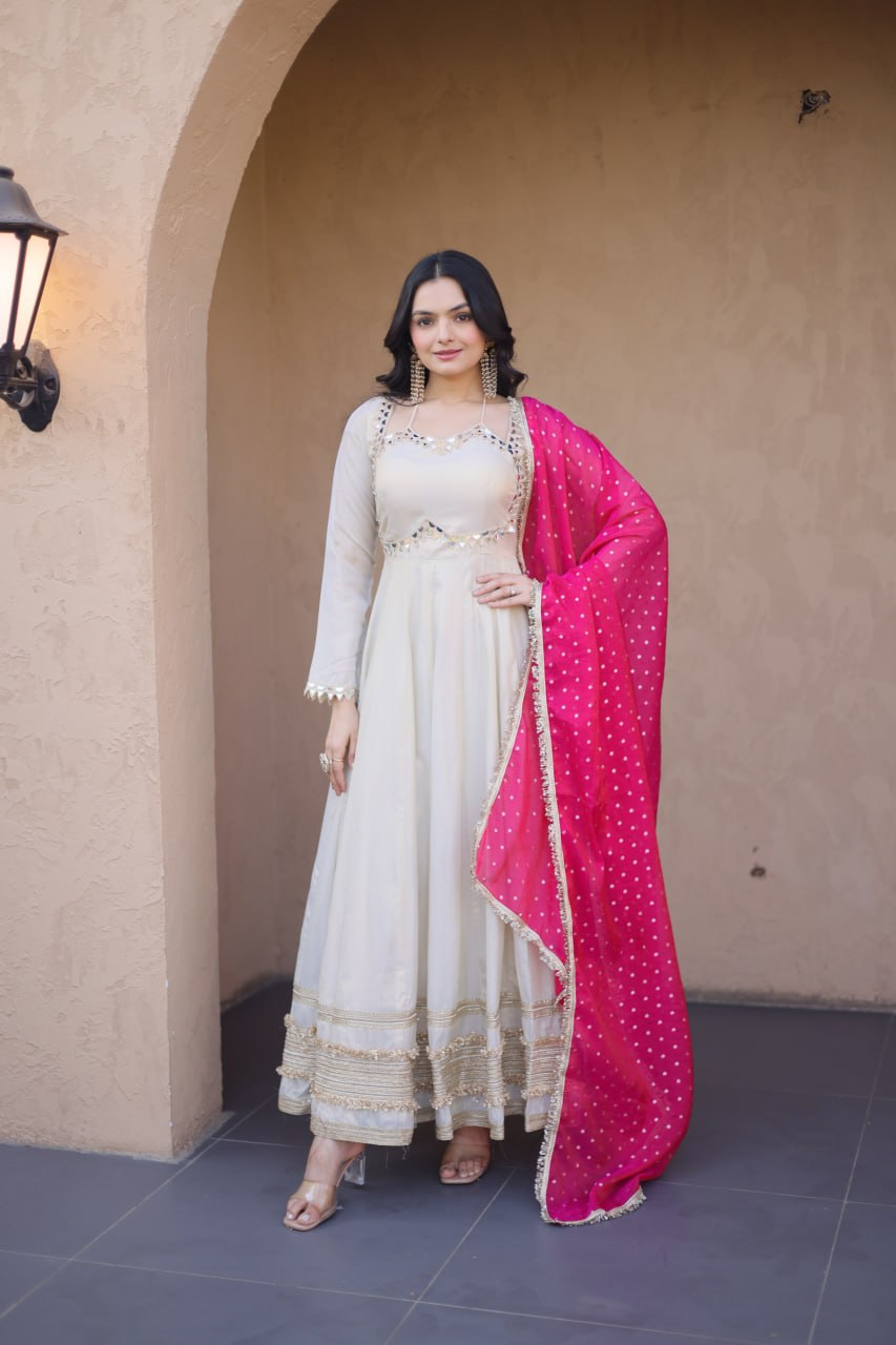 Komalika Cosmos Mirror Work Lace with Bandhani Moss zari Butti Gown Dupatta Set