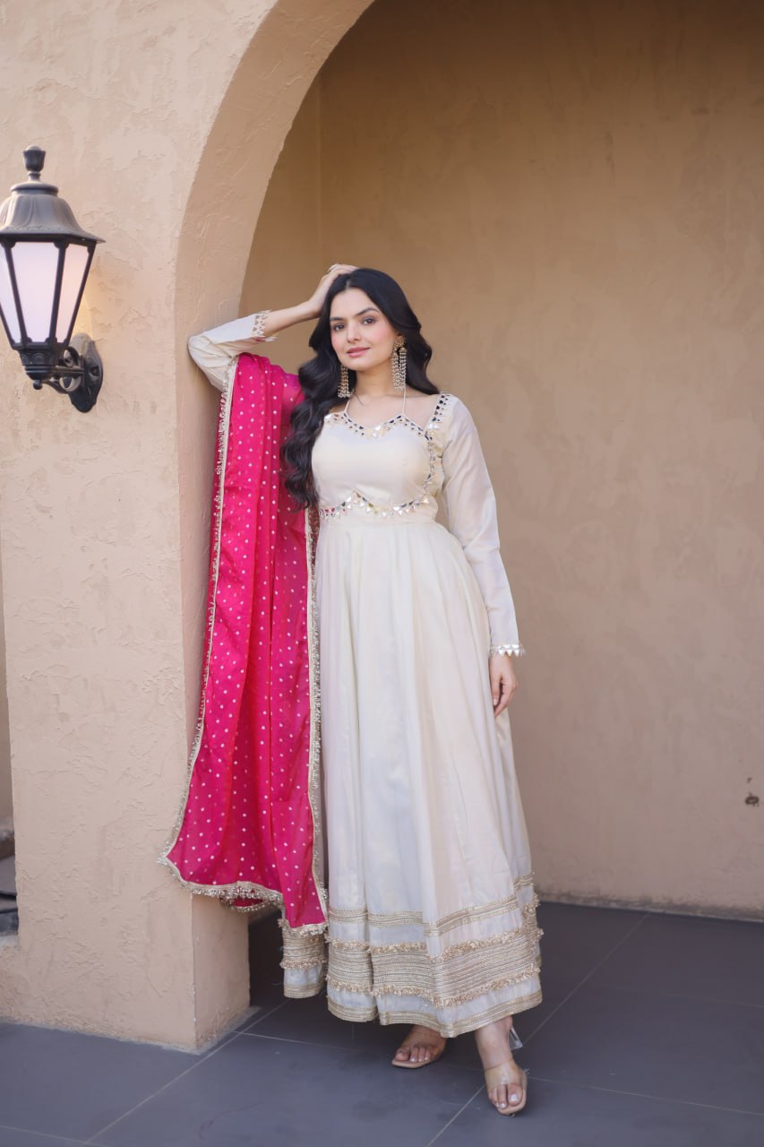Komalika Cosmos Mirror Work Lace with Bandhani Moss zari Butti Gown Dupatta Set