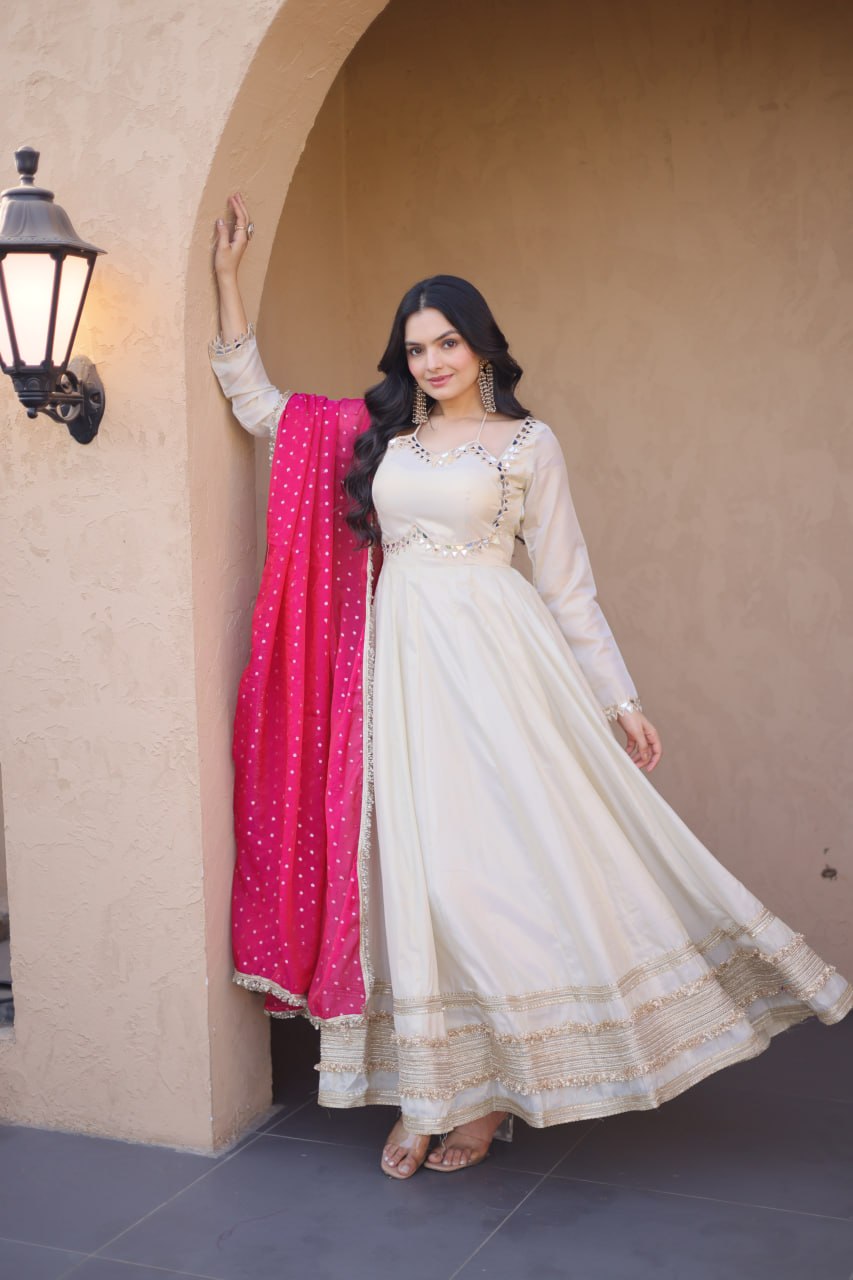 Komalika Cosmos Mirror Work Lace with Bandhani Moss zari Butti Gown Dupatta Set
