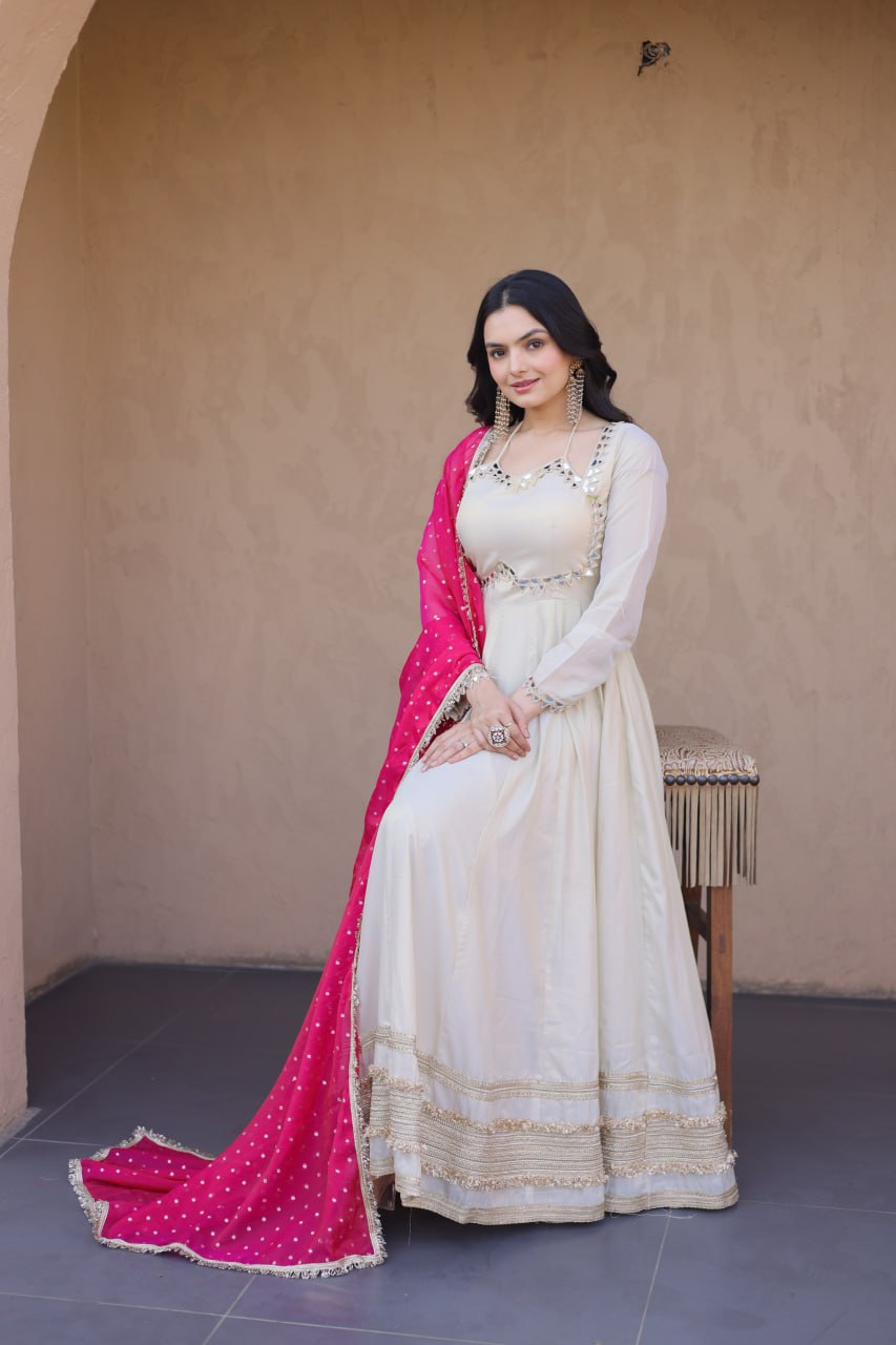 Komalika Cosmos Mirror Work Lace with Bandhani Moss zari Butti Gown Dupatta Set