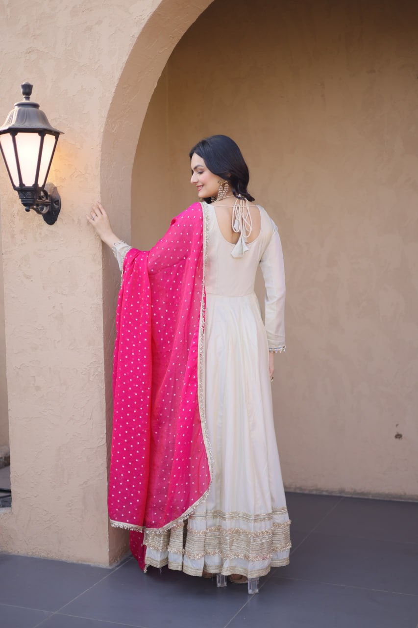 Komalika Cosmos Mirror Work Lace with Bandhani Moss zari Butti Gown Dupatta Set