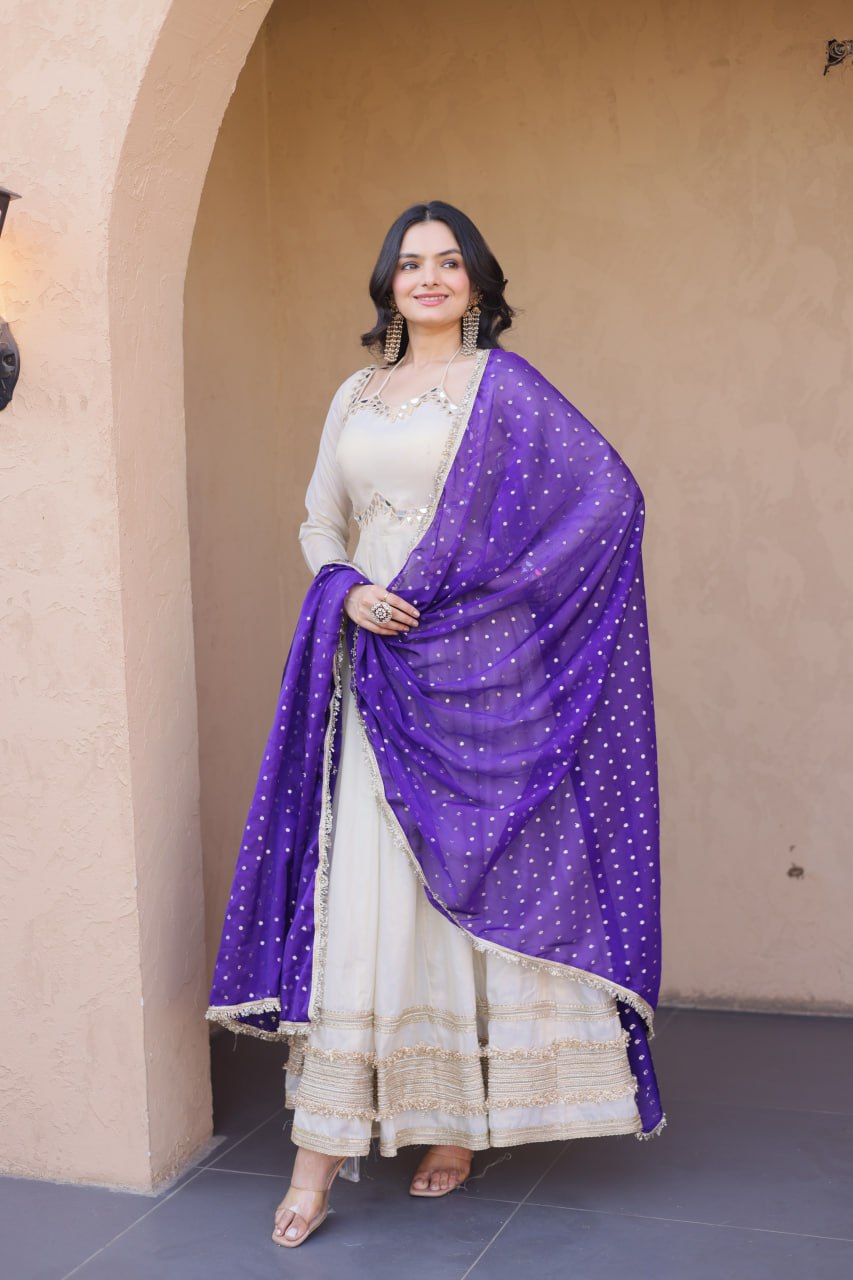 Komalika Cosmos Mirror Work Lace with Bandhani Moss zari Butti Gown Dupatta Set