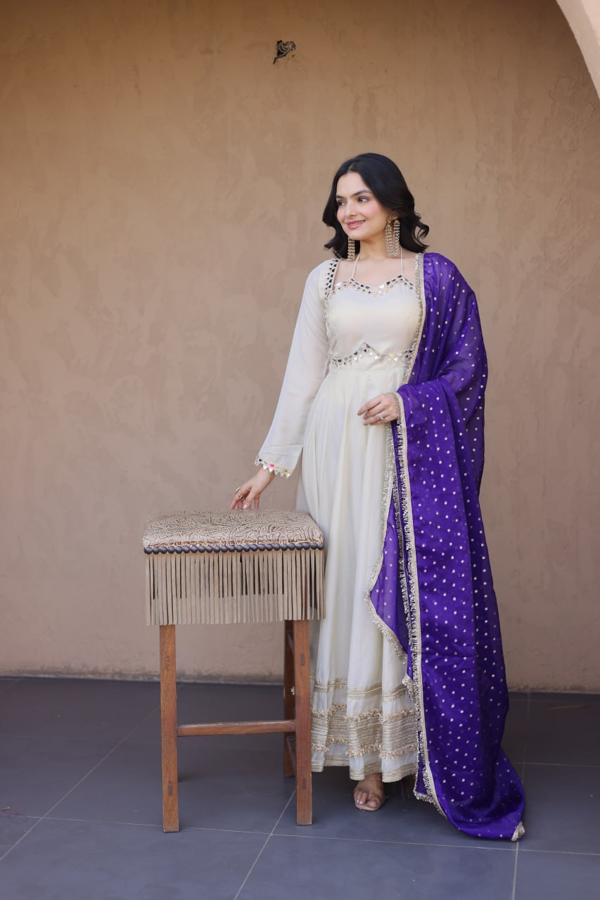 Komalika Cosmos Mirror Work Lace with Bandhani Moss zari Butti Gown Dupatta Set