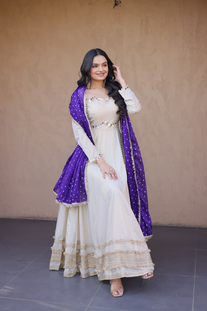 Komalika Cosmos Mirror Work Lace with Bandhani Moss zari Butti Gown Dupatta Set