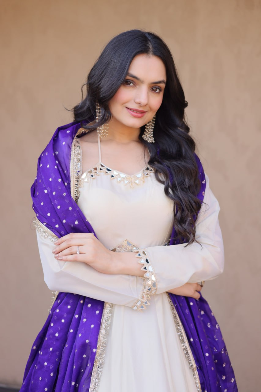 Komalika Cosmos Mirror Work Lace with Bandhani Moss zari Butti Gown Dupatta Set