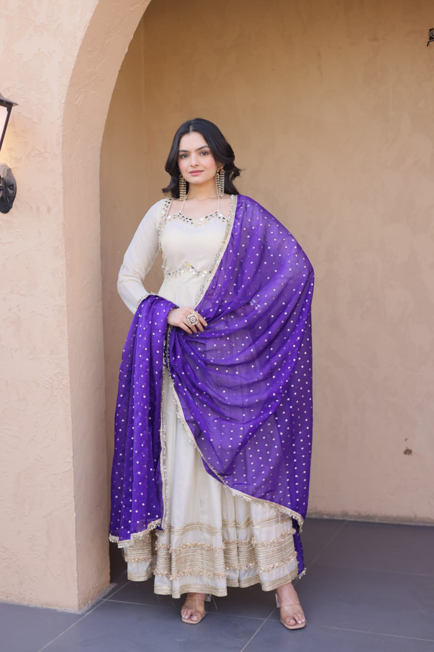 Komalika Cosmos Mirror Work Lace with Bandhani Moss zari Butti Gown Dupatta Set