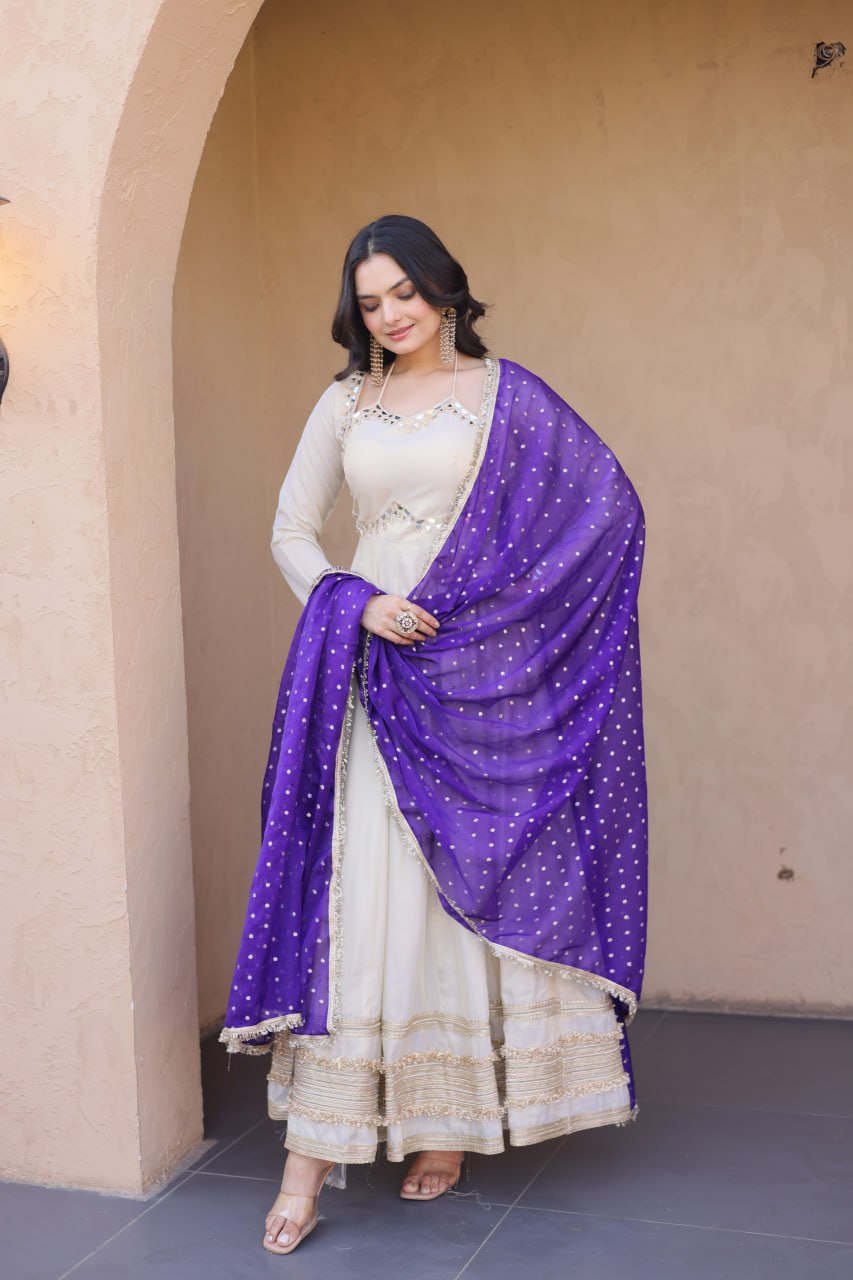 Komalika Cosmos Mirror Work Lace with Bandhani Moss zari Butti Gown Dupatta Set