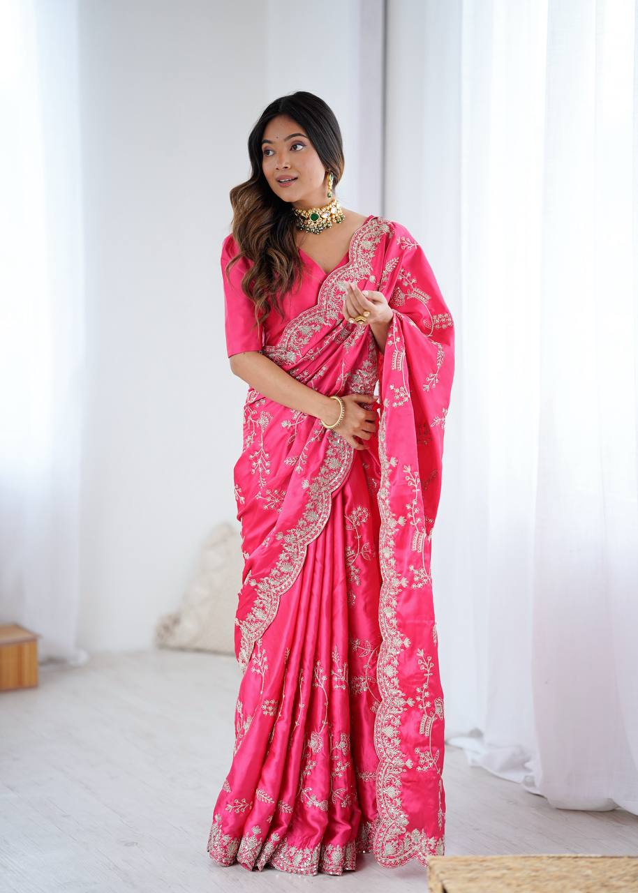 Simran Heavy Japan Satin Silk Rich Sequins Embroidered Saree