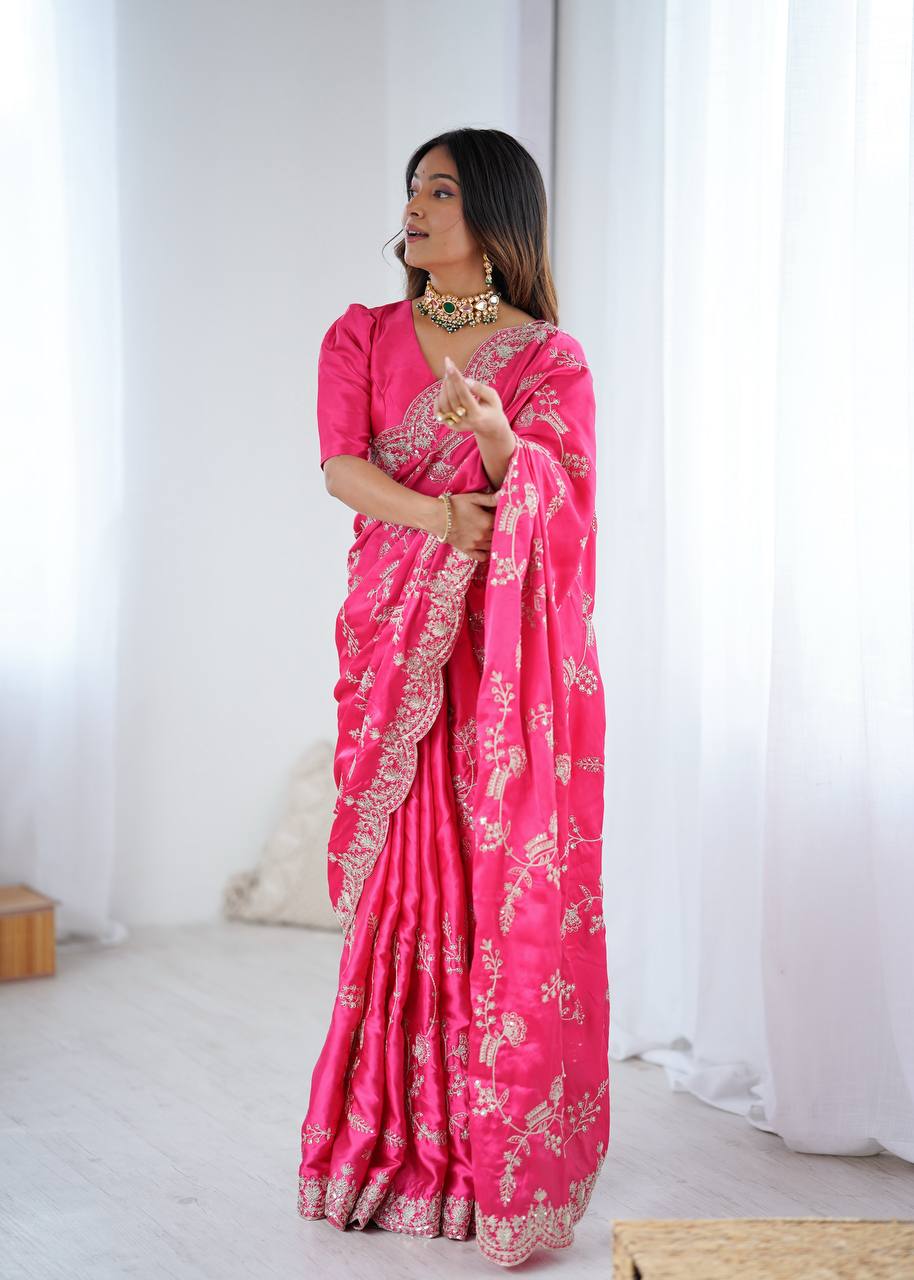Simran Heavy Japan Satin Silk Rich Sequins Embroidered Saree