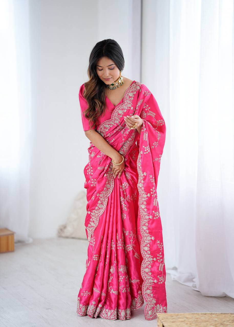 Simran Heavy Japan Satin Silk Rich Sequins Embroidered Saree