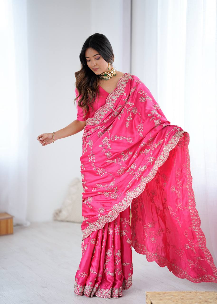 Simran Heavy Japan Satin Silk Rich Sequins Embroidered Saree
