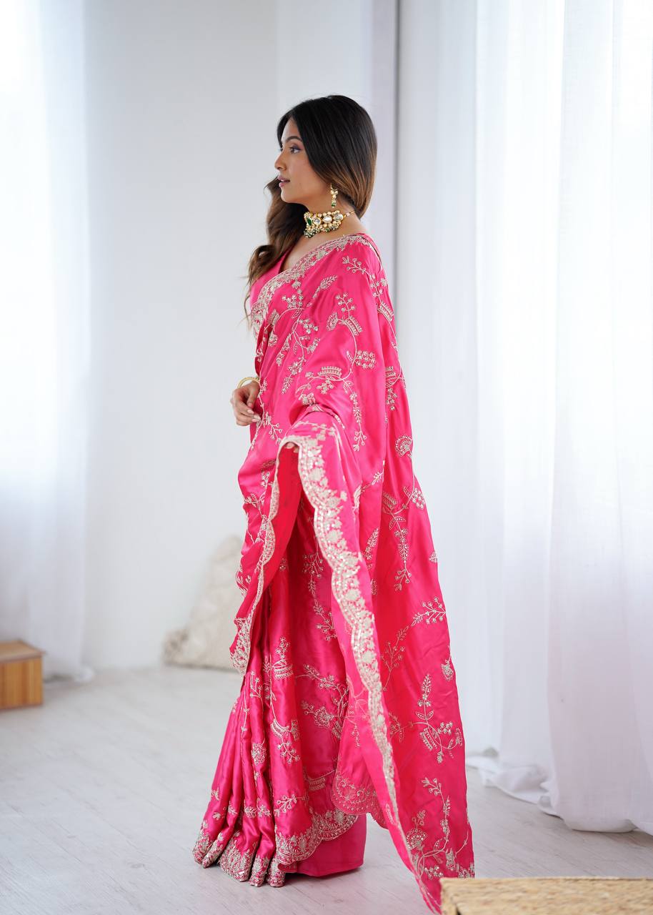 Simran Heavy Japan Satin Silk Rich Sequins Embroidered Saree