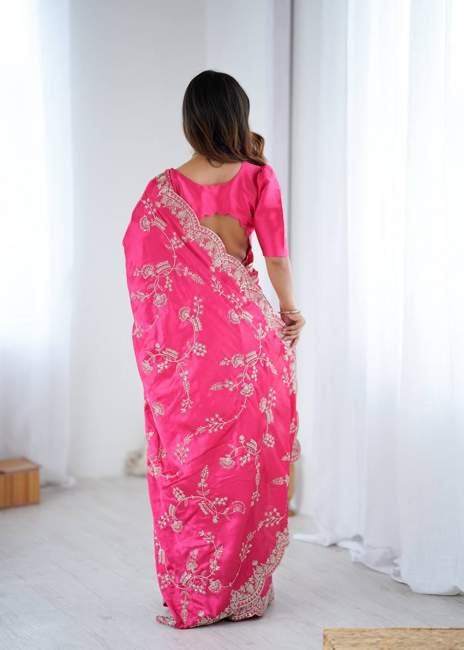 Simran Heavy Japan Satin Silk Rich Sequins Embroidered Saree