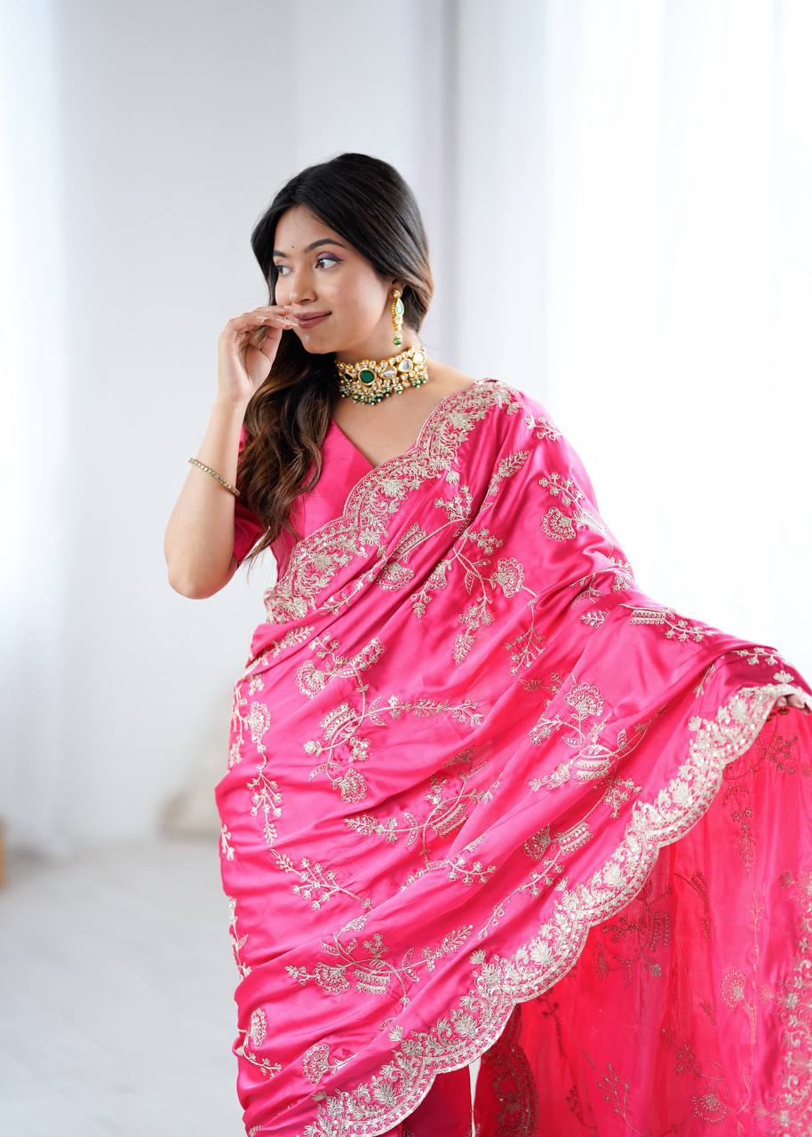 Simran Heavy Japan Satin Silk Rich Sequins Embroidered Saree