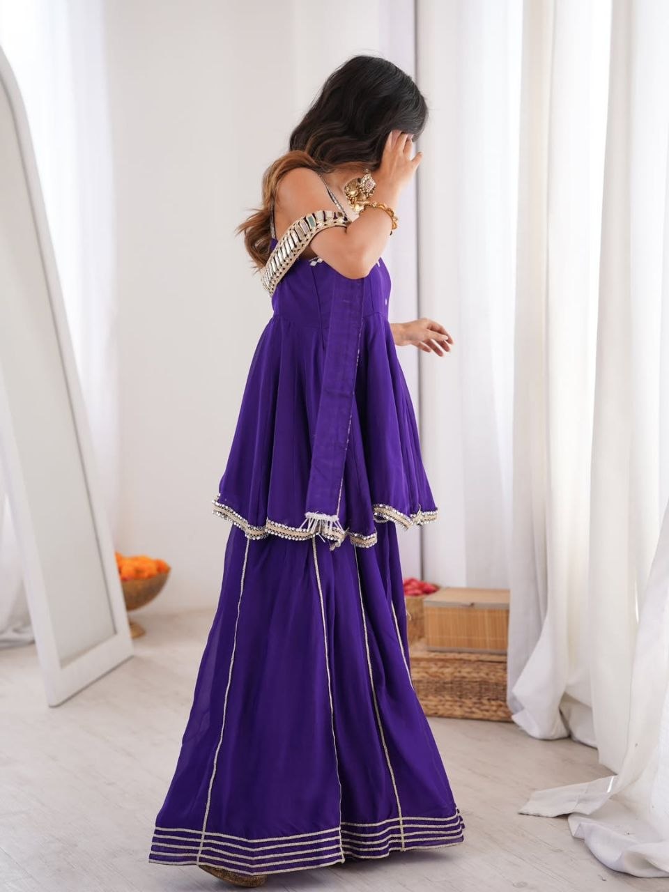 Royal Purple Silk Sharara Set with Mirror-Embellished Strappy Kurti, Pearl Detailing, Layered Flair & Gota Patti Borders