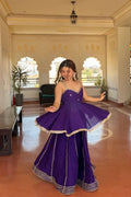 Royal Purple Silk Sharara Set with Mirror-Embellished Strappy Kurti, Pearl Detailing, Layered Flair & Gota Patti Borders