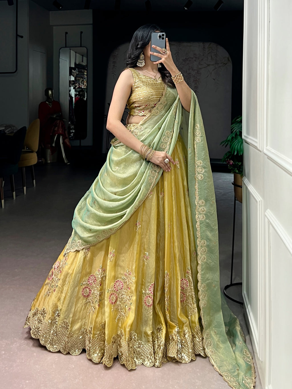 Akshara Yellow Moss Silk With Thread Sequins Embroidery Work Lehenga Choli set
