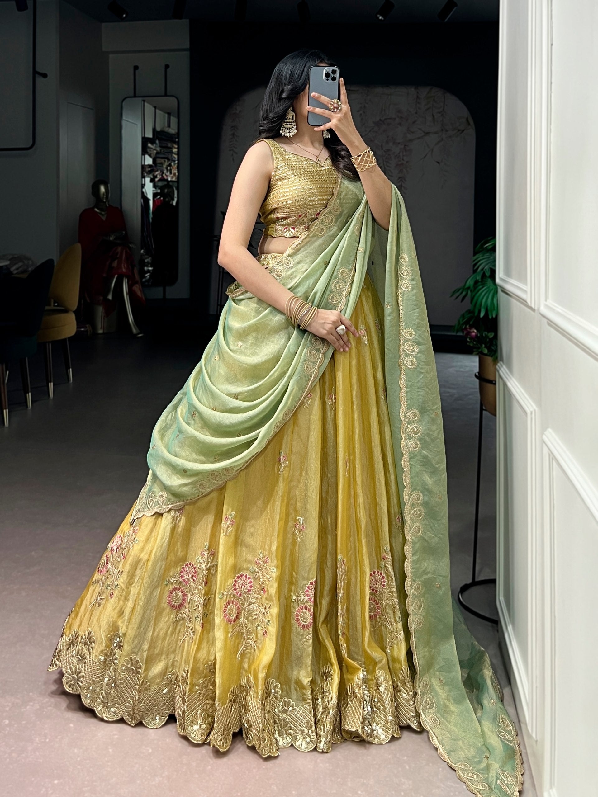 Akshara Yellow Moss Silk With Thread Sequins Embroidery Work Lehenga Choli set