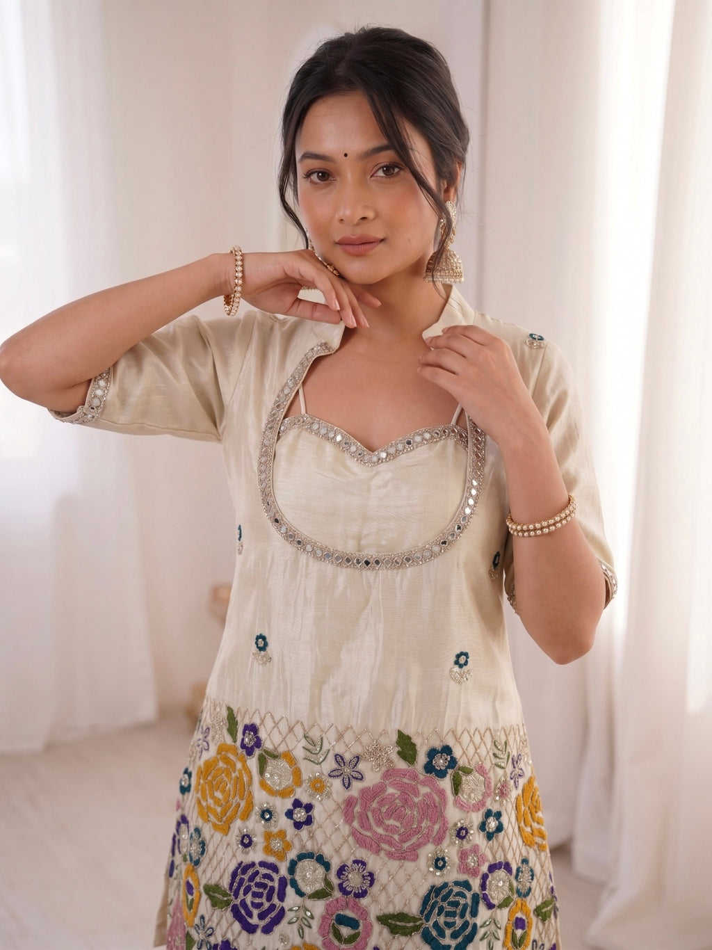 Aakriti Ivory Tissue Shimmer Silk Coding Embroidery Co-ord Set