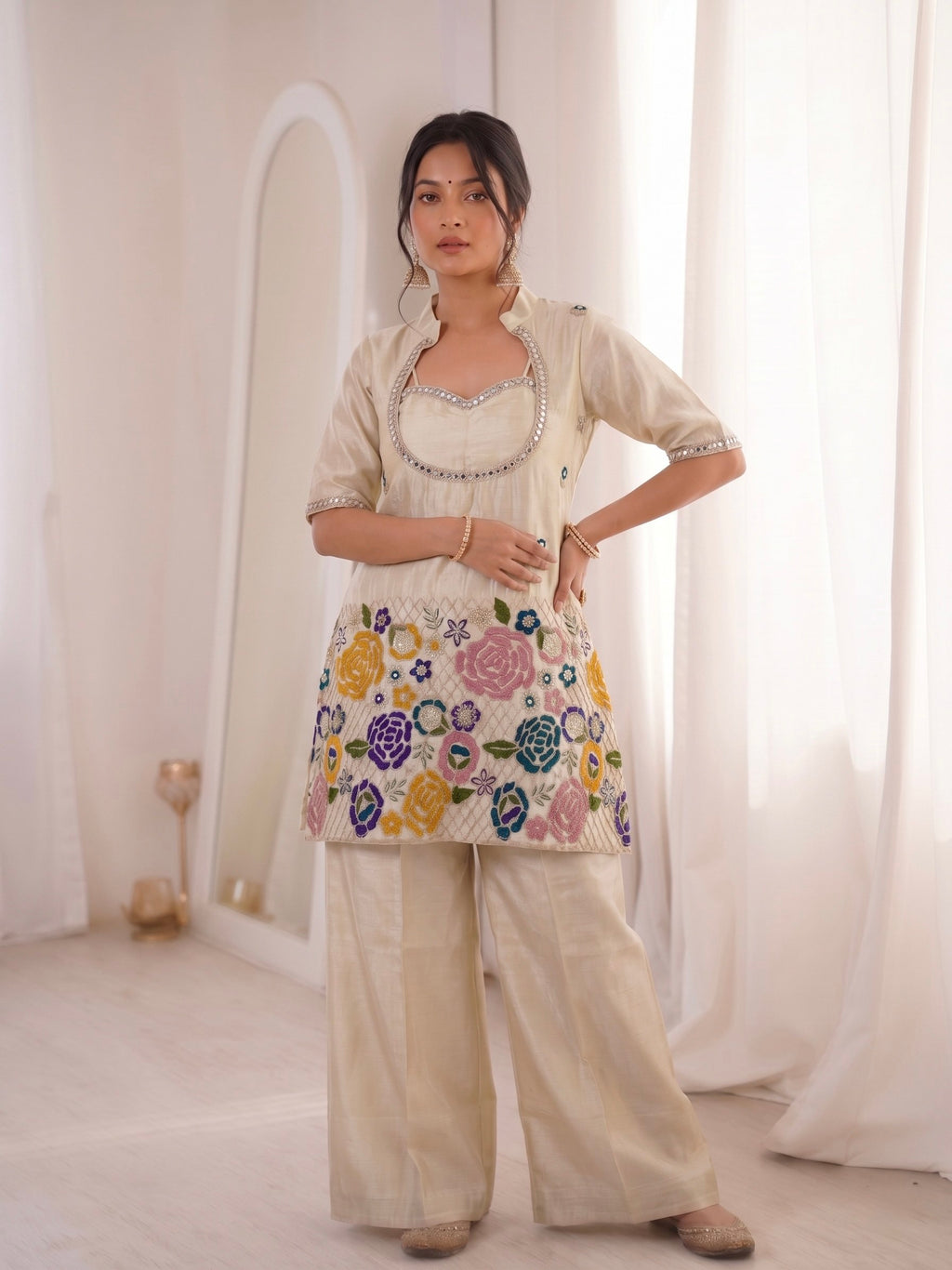 Aakriti Ivory Tissue Shimmer Silk Coding Embroidery Co-ord Set