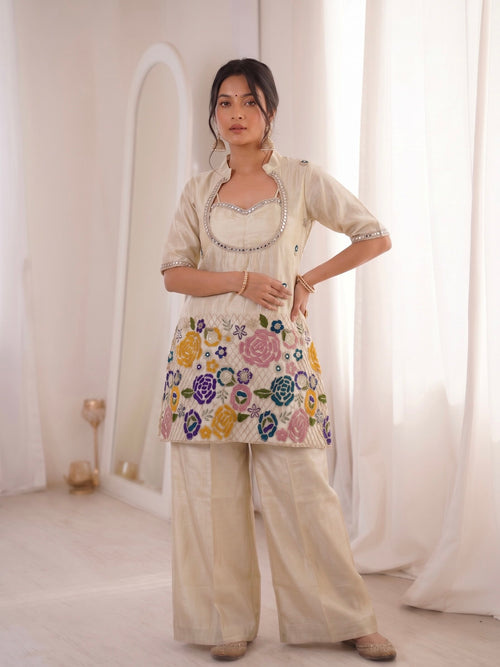 Aakriti Ivory Tissue Shimmer Silk Coding Embroidery Co-ord Set