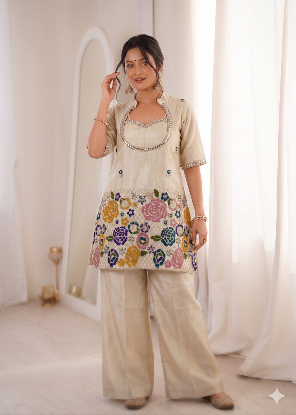 Aakriti Ivory Tissue Shimmer Silk Coding Embroidery Co-ord Set