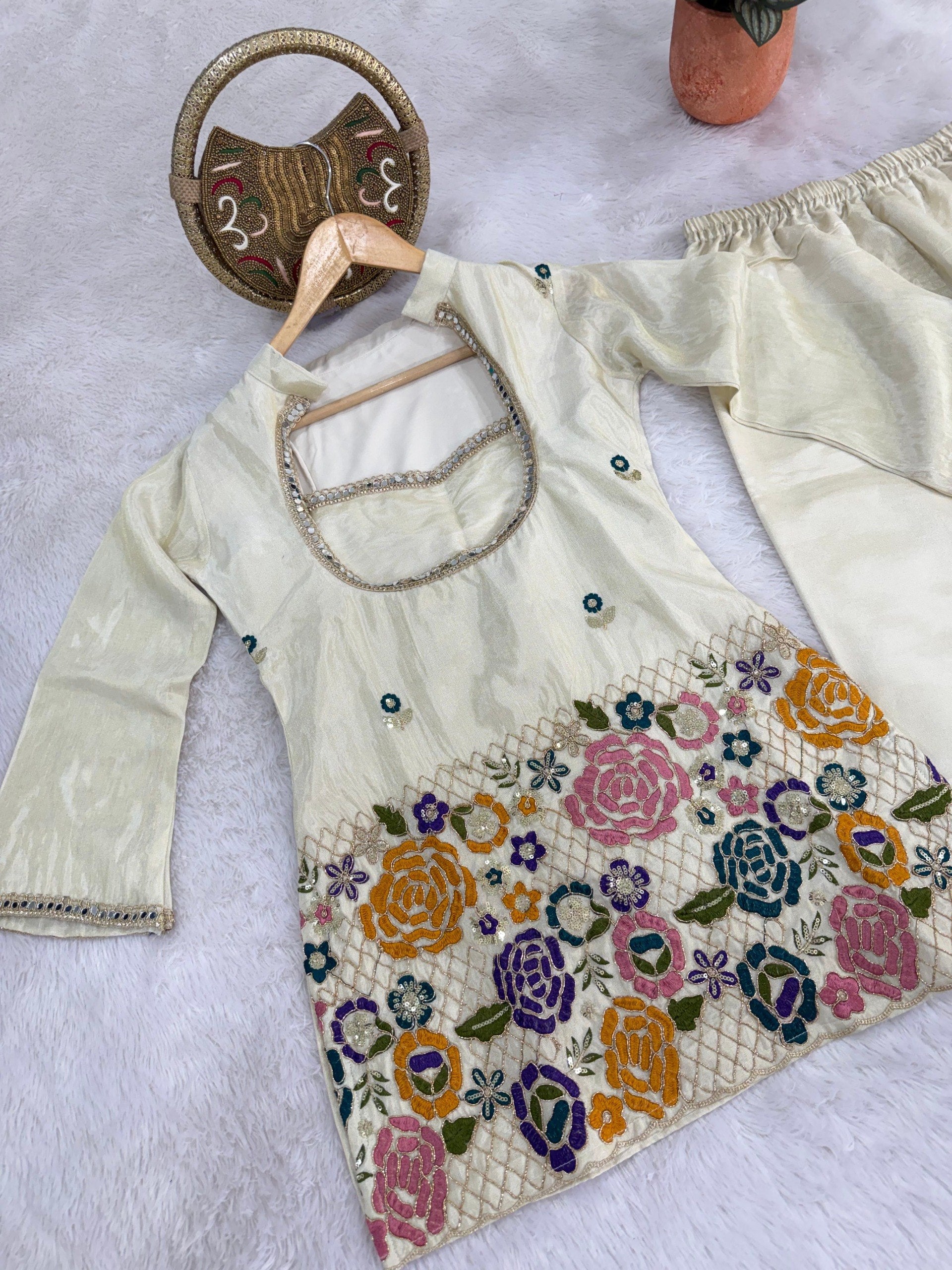 Aakriti Ivory Tissue Shimmer Silk Coding Embroidery Co-ord Set