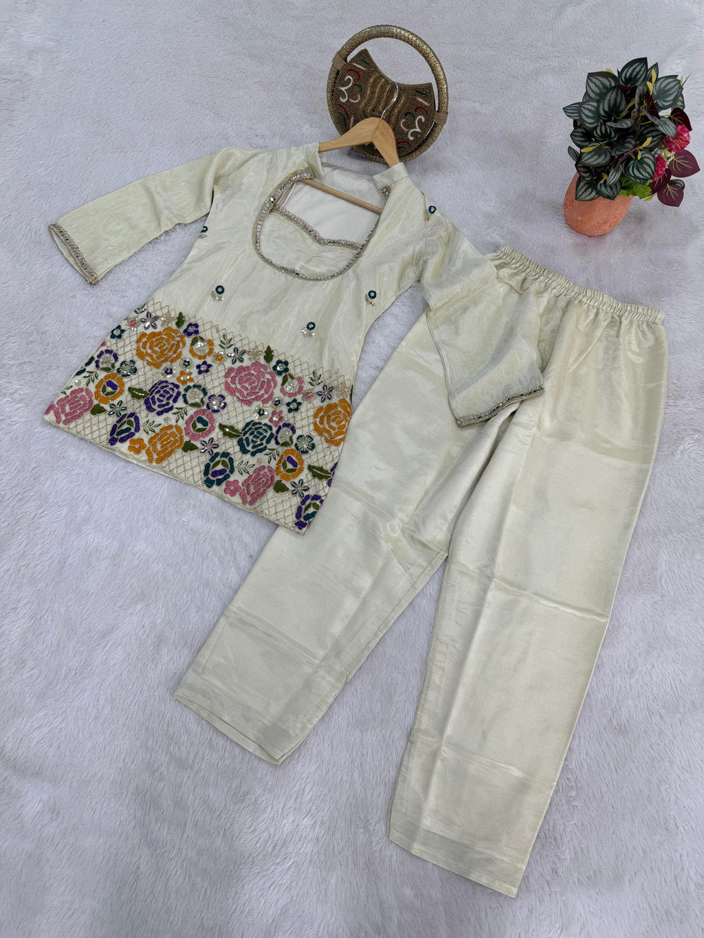 Aakriti Ivory Tissue Shimmer Silk Coding Embroidery Co-ord Set