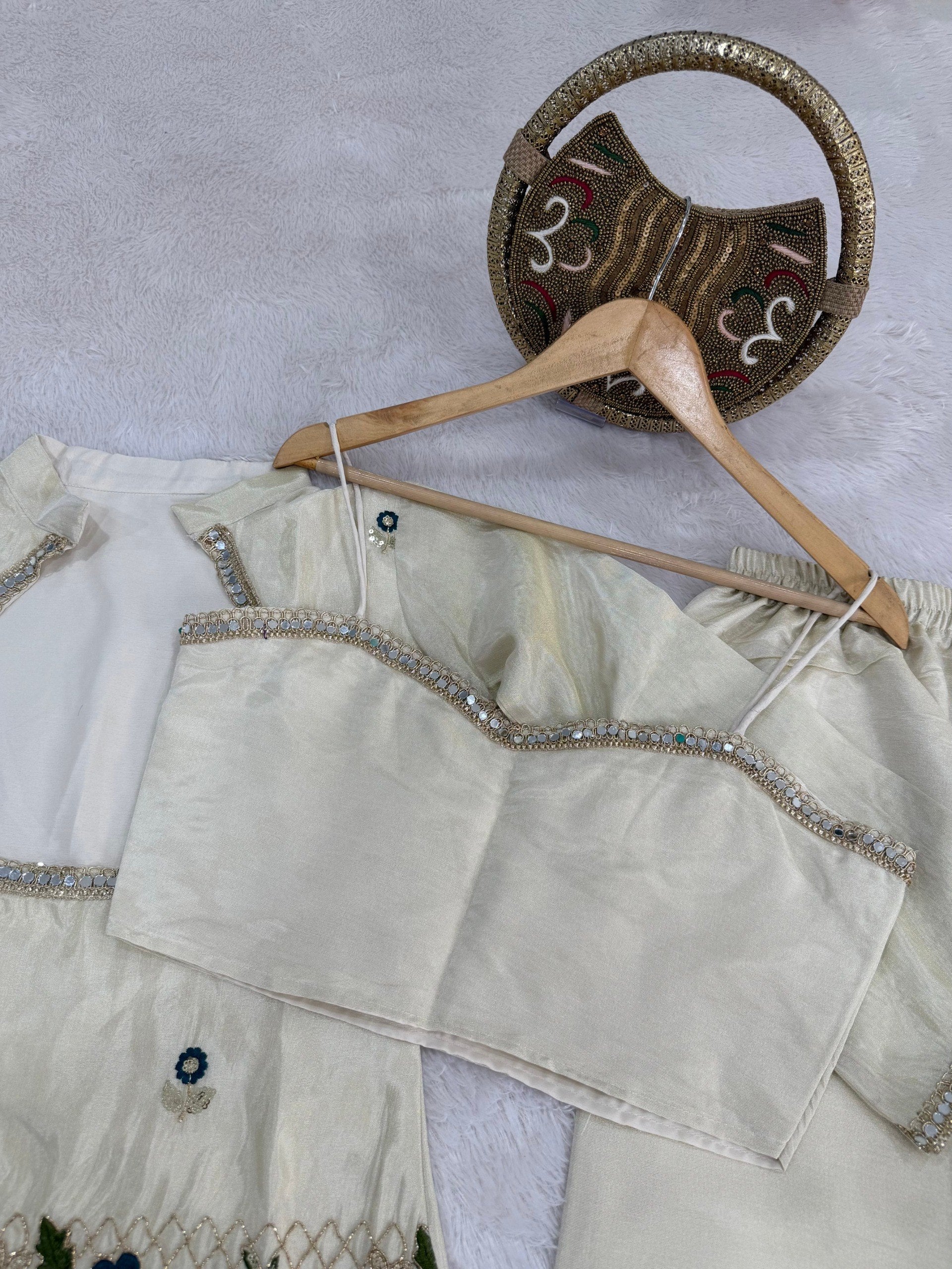 Aakriti Ivory Tissue Shimmer Silk Coding Embroidery Co-ord Set