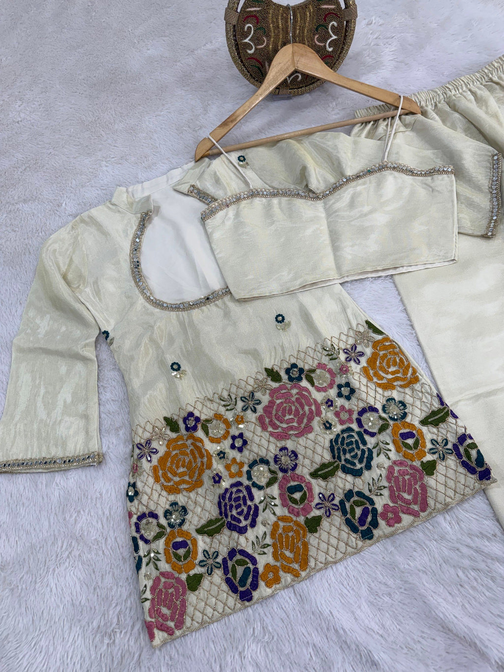 Aakriti Ivory Tissue Shimmer Silk Coding Embroidery Co-ord Set