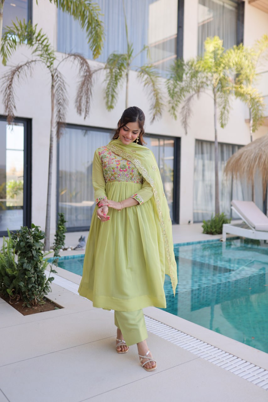 Anamika Pista Coloured Mal Chanderi  with Beads embroidery-work Gown Dupatta Set