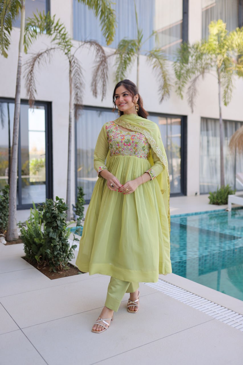 Anamika Pista Coloured Mal Chanderi  with Beads embroidery-work Gown Dupatta Set