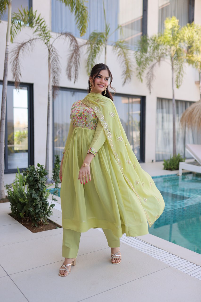 Anamika Pista Coloured Mal Chanderi  with Beads embroidery-work Gown Dupatta Set