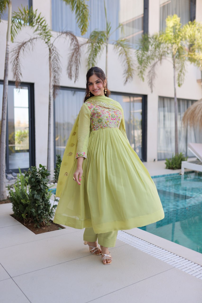 Anamika Pista Coloured Mal Chanderi  with Beads embroidery-work Gown Dupatta Set
