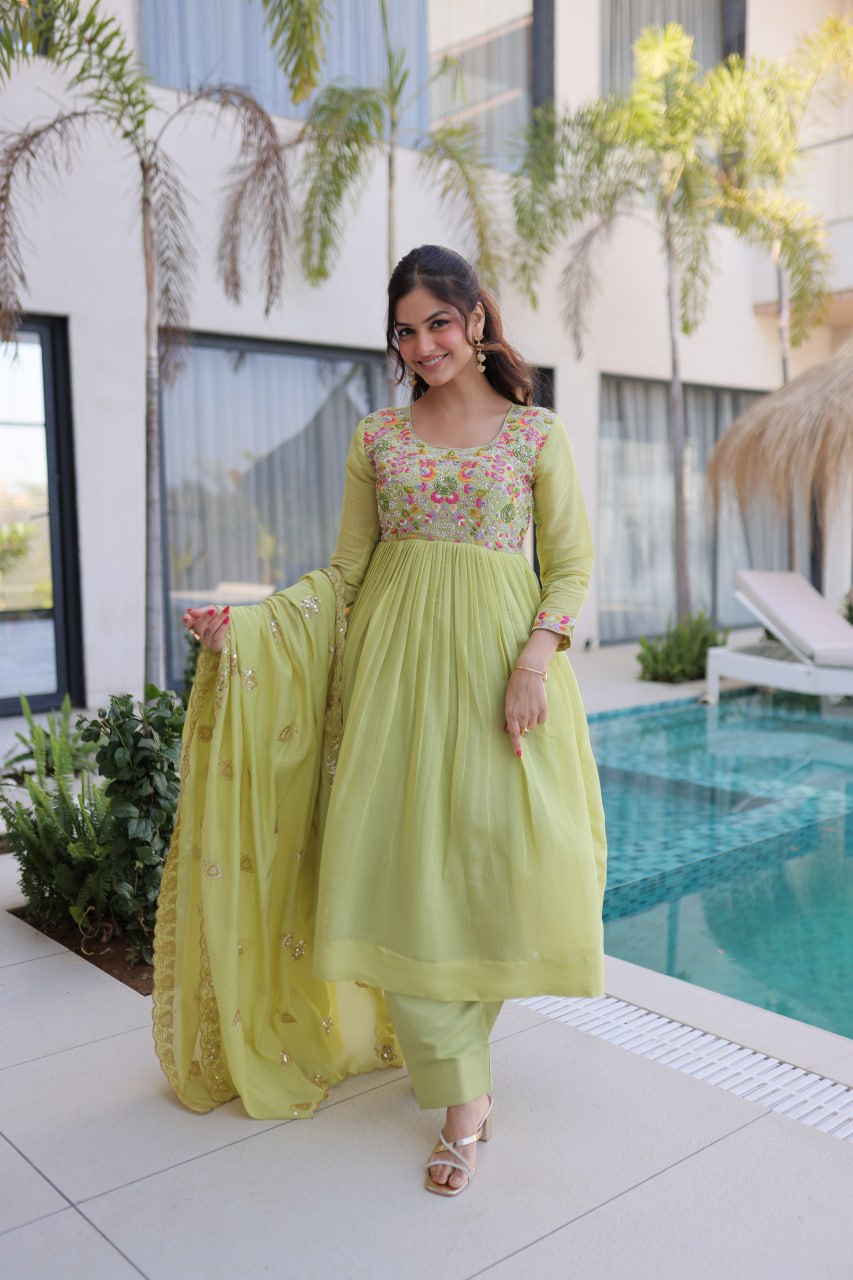 Anamika Pista Coloured Mal Chanderi  with Beads embroidery-work Gown Dupatta Set