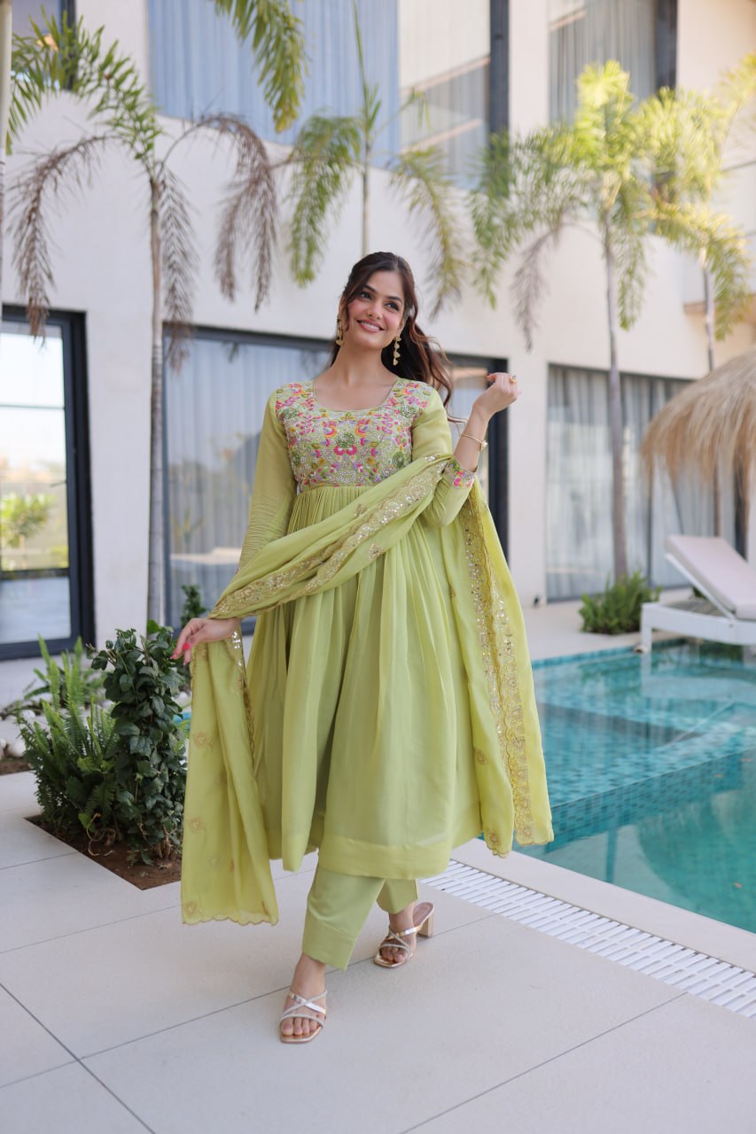 Anamika Pista Coloured Mal Chanderi  with Beads embroidery-work Gown Dupatta Set