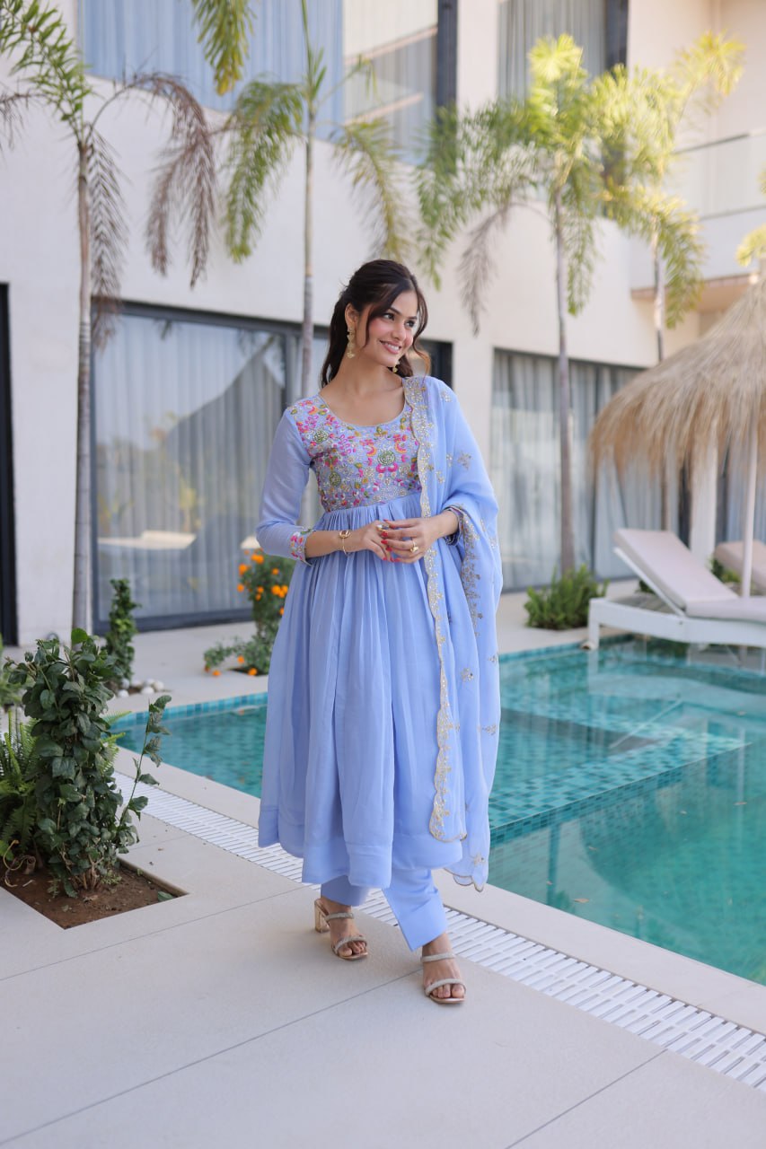 Anamika Sky Coloured Mal Chanderi  with Beads embroidery-work Gown Dupatta Set
