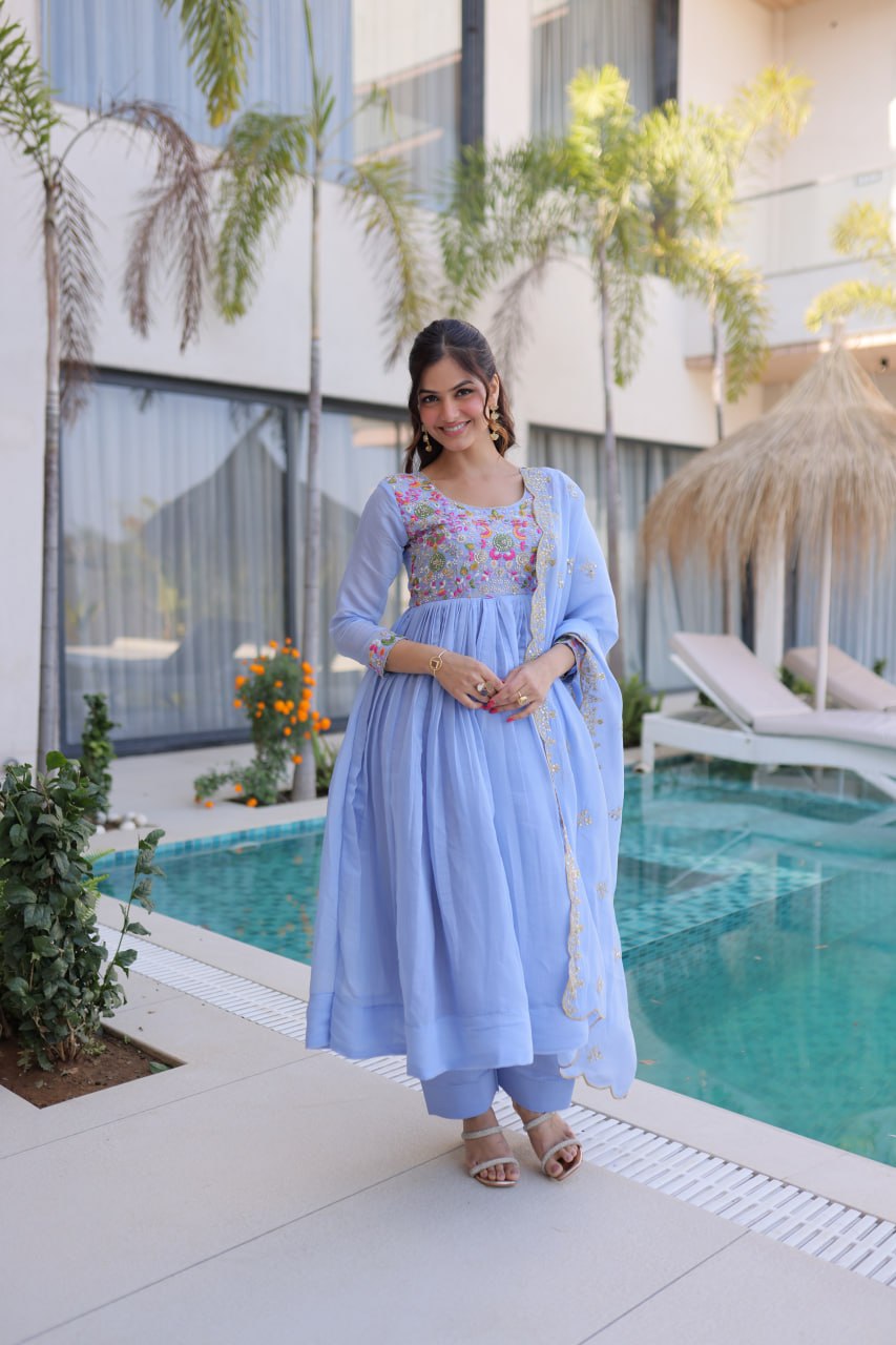 Anamika Sky Coloured Mal Chanderi  with Beads embroidery-work Gown Dupatta Set