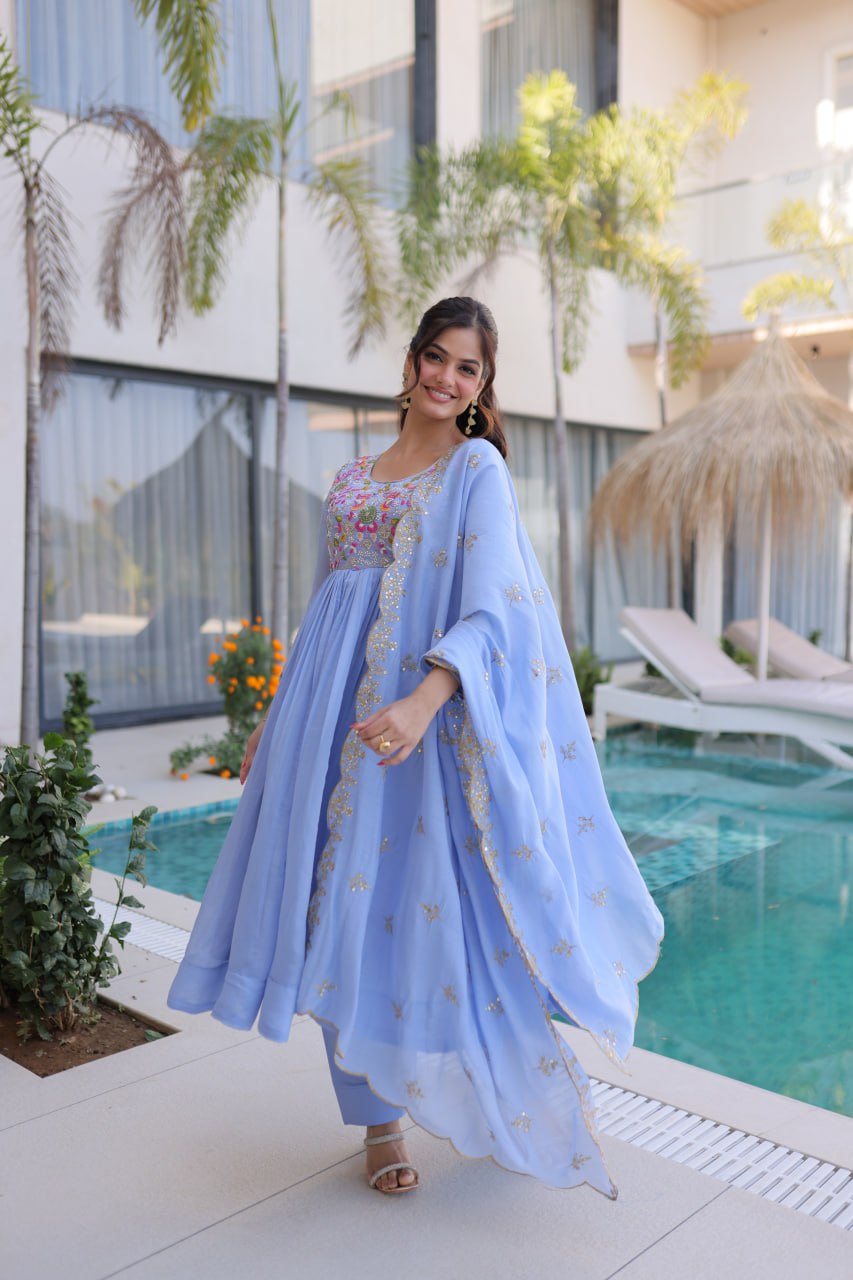 Anamika Sky Coloured Mal Chanderi  with Beads embroidery-work Gown Dupatta Set