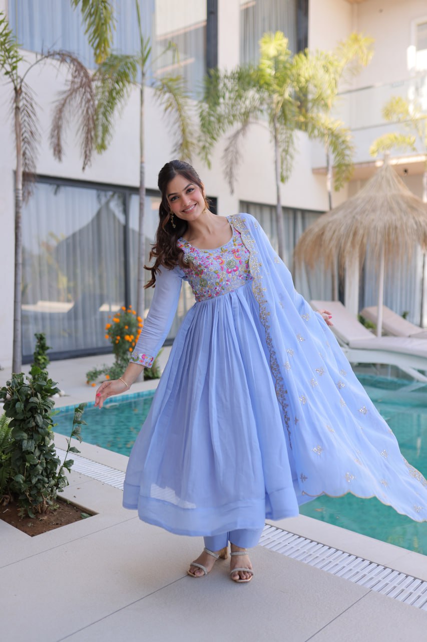 Anamika Sky Coloured Mal Chanderi  with Beads embroidery-work Gown Dupatta Set
