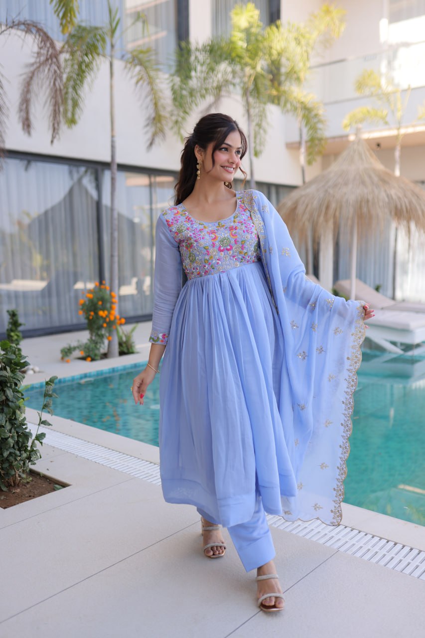Anamika Sky Coloured Mal Chanderi  with Beads embroidery-work Gown Dupatta Set