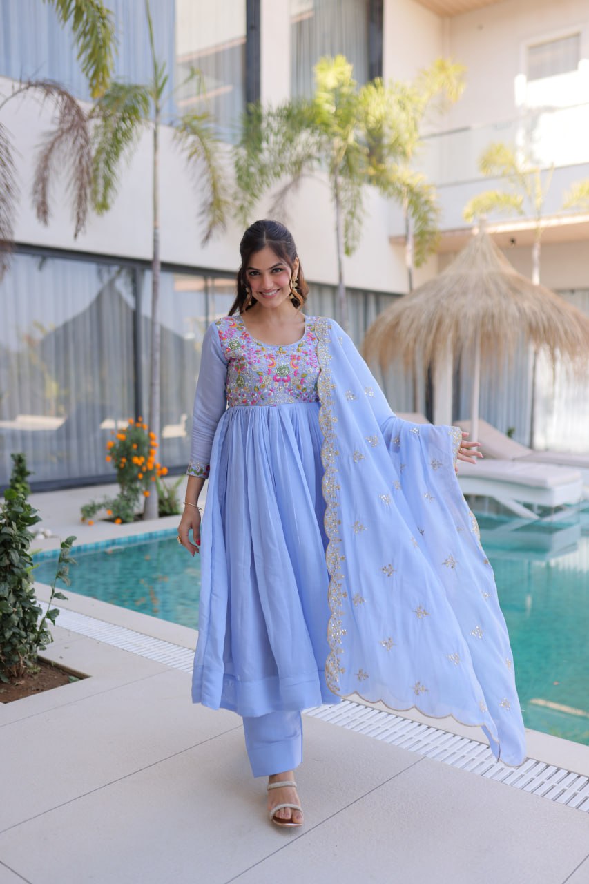 Anamika Sky Coloured Mal Chanderi  with Beads embroidery-work Gown Dupatta Set
